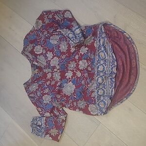 Lucky Brand Shirt Women's Medium Maroon/Blue Floral Boho Long Sleeve Blouse